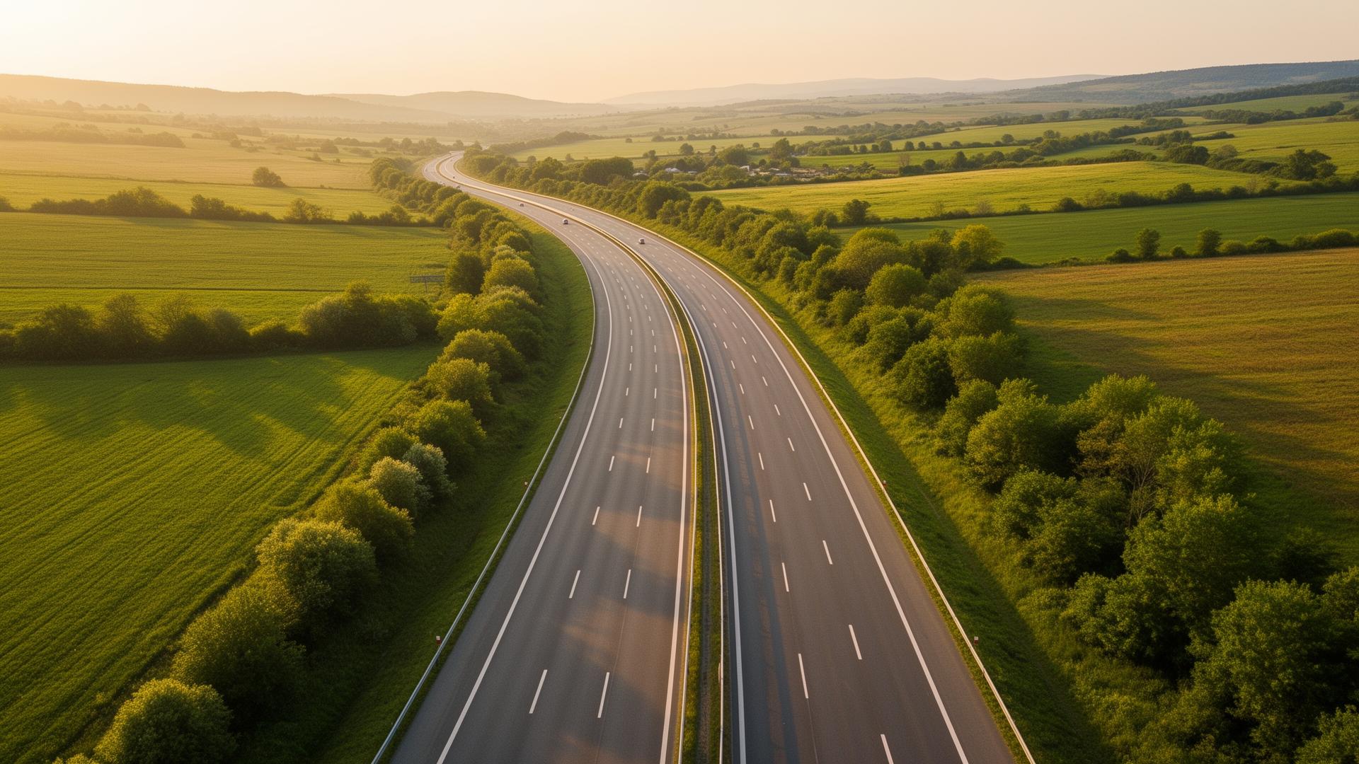 Autostradă lină prin câmpiile din nordul Bucureștiului la apus, simbolizând accesul rapid la Ana Medical Care