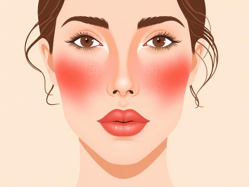 Ilustrație medicală rozacee — roșeață pe pomeți și nas cu telangiectazii fine