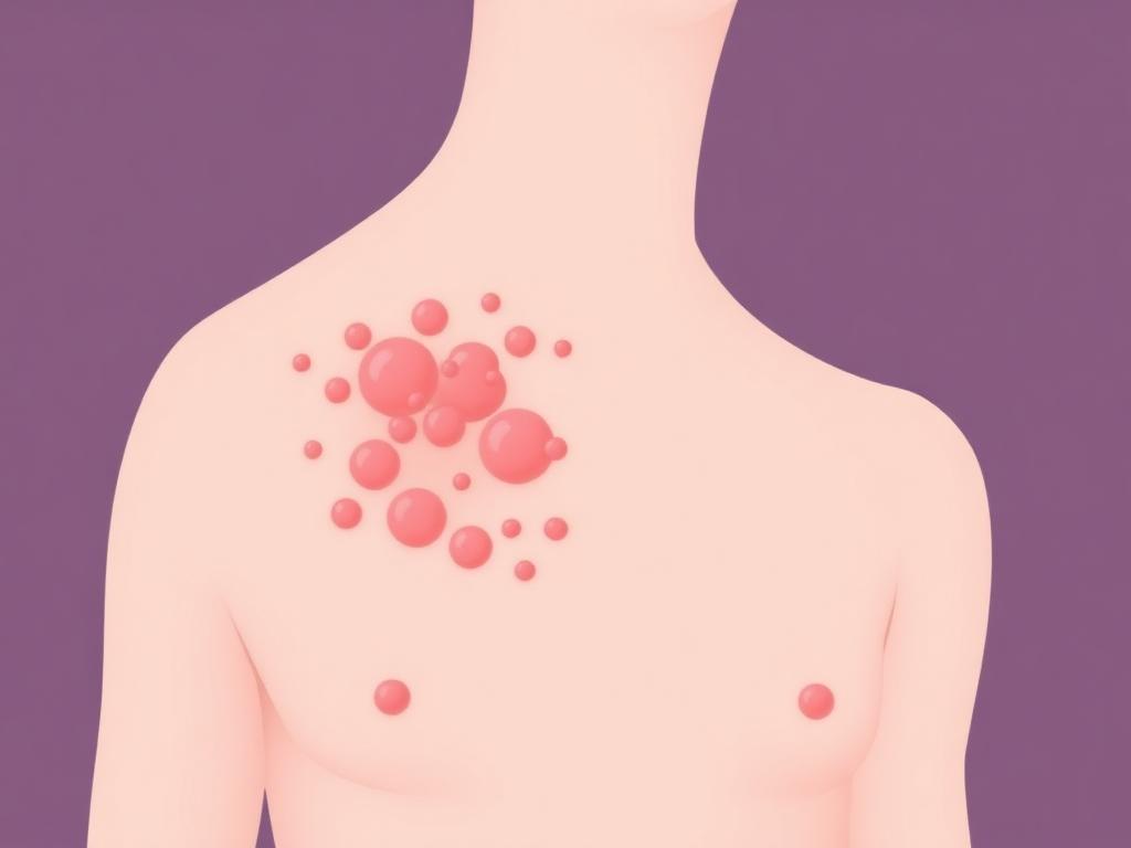 Ilustrație medicală zona zoster — erupție cu vezicule grupate în bandă dermatomală pe torace
