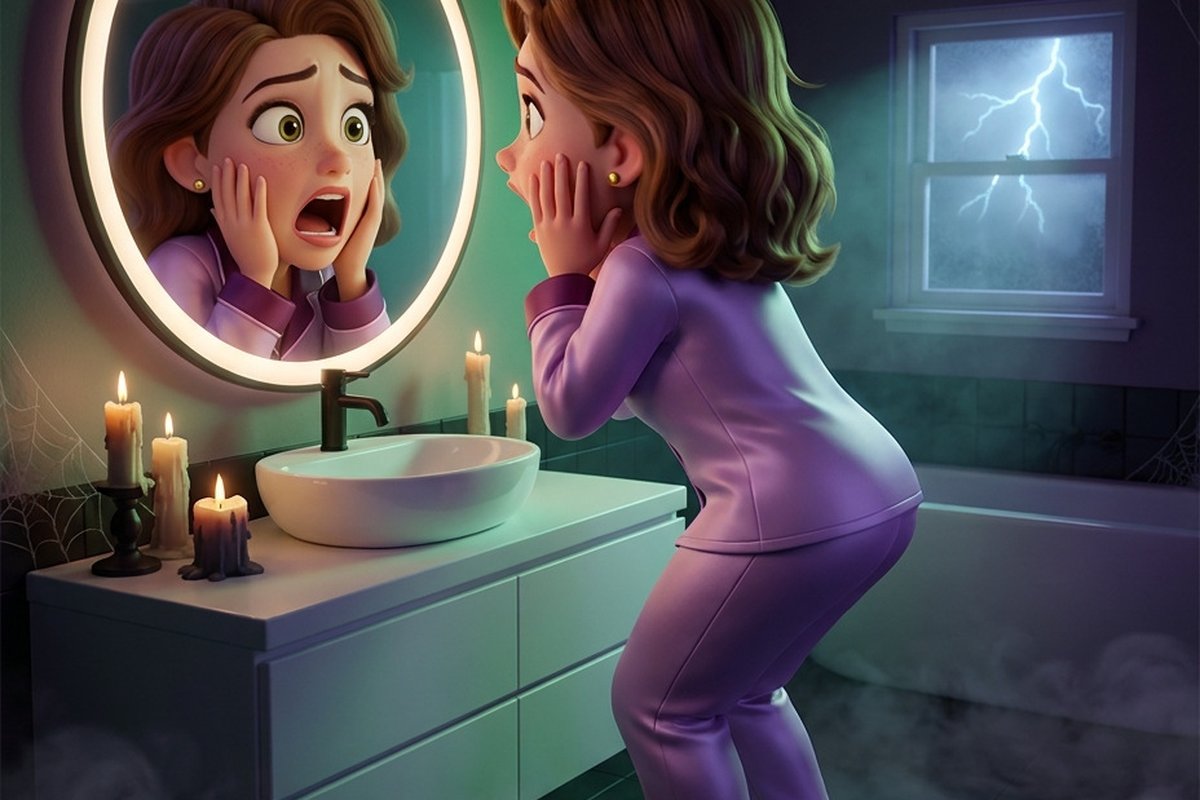 Ilustrație cartoon: o femeie în pijama lavandă țipă speriată în fața oglinzii din baie, într-o atmosferă de Halloween