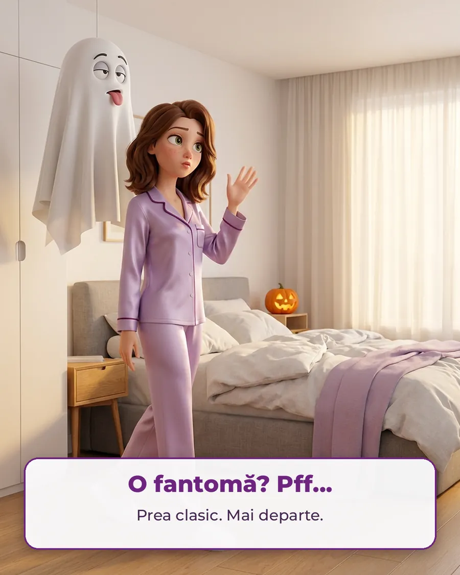 Cadrul 3: trece plictisită pe lângă o fantomă de Halloween